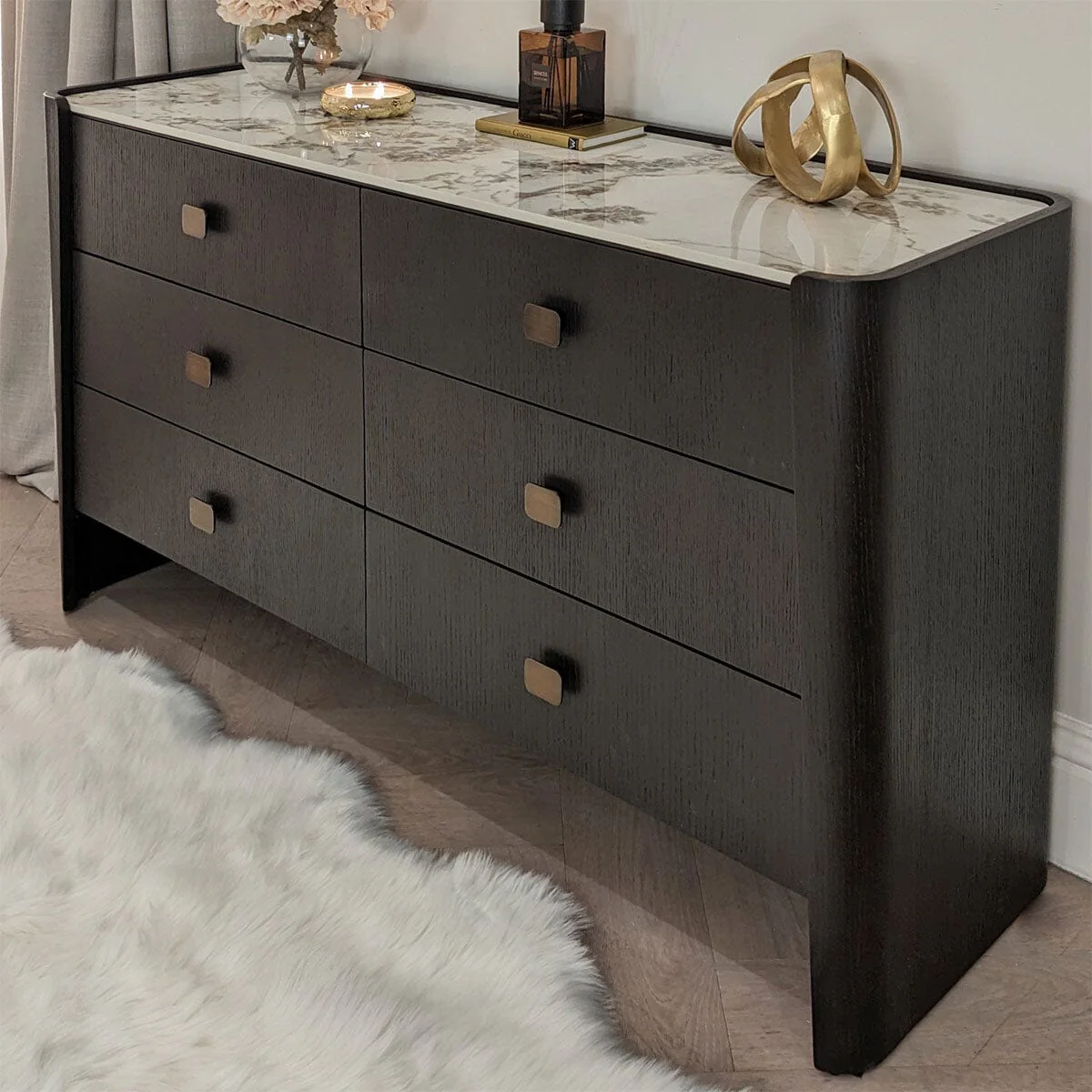 Adalynn Deep Brown Wooden 6 Drawer Chest with Faux Marble Top - Image 2
