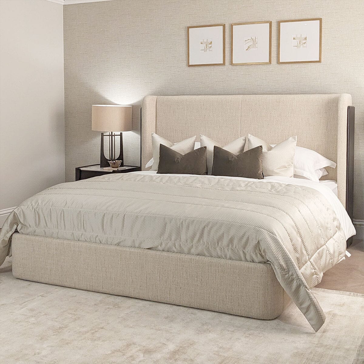 Adalynn Natural Textured Fabric Bed with Deep Brown Wooden Detail