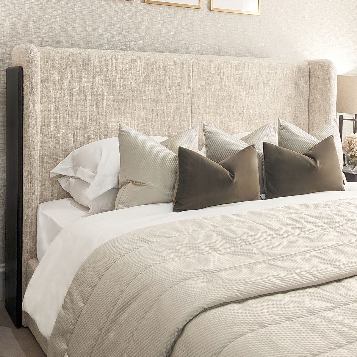 Adalynn Natural Textured Fabric Bed with Deep Brown Wooden Detail - Image 5
