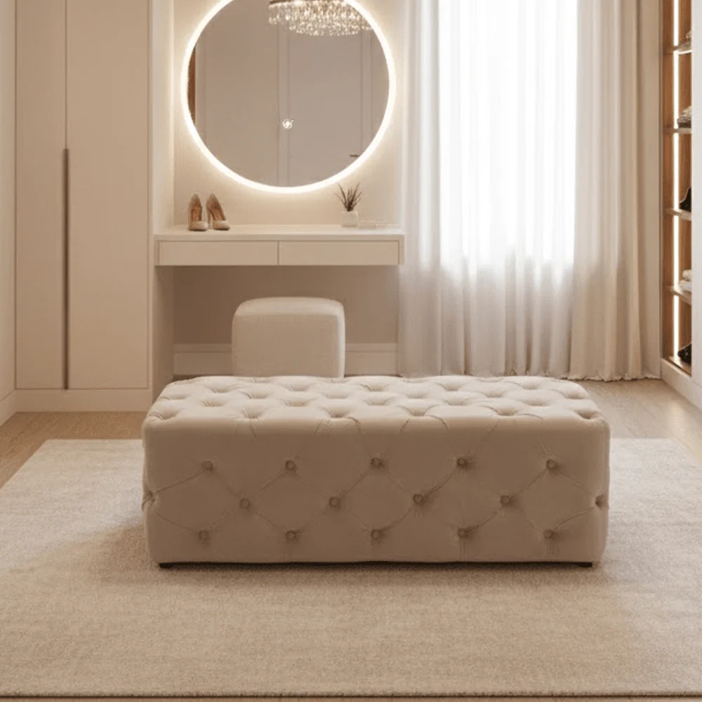 Ismerie Greige Velvet Buttoned Bench
