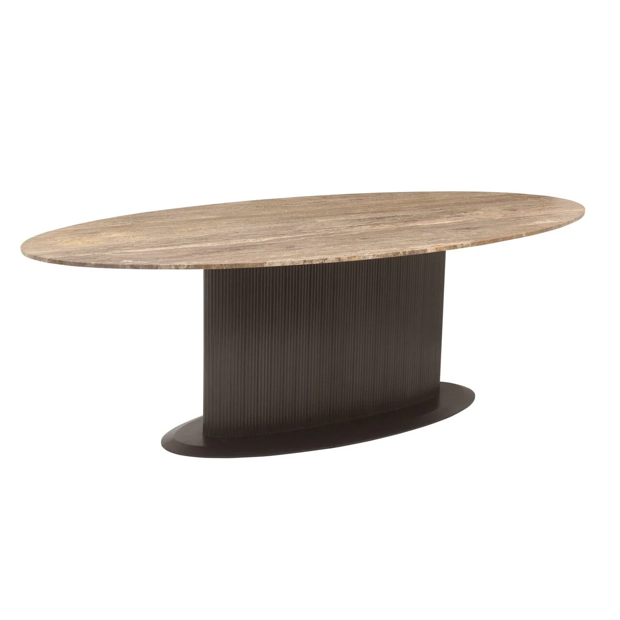 Aya Brown Ribbed Oval Dining Table with Travertine Top - Image 4
