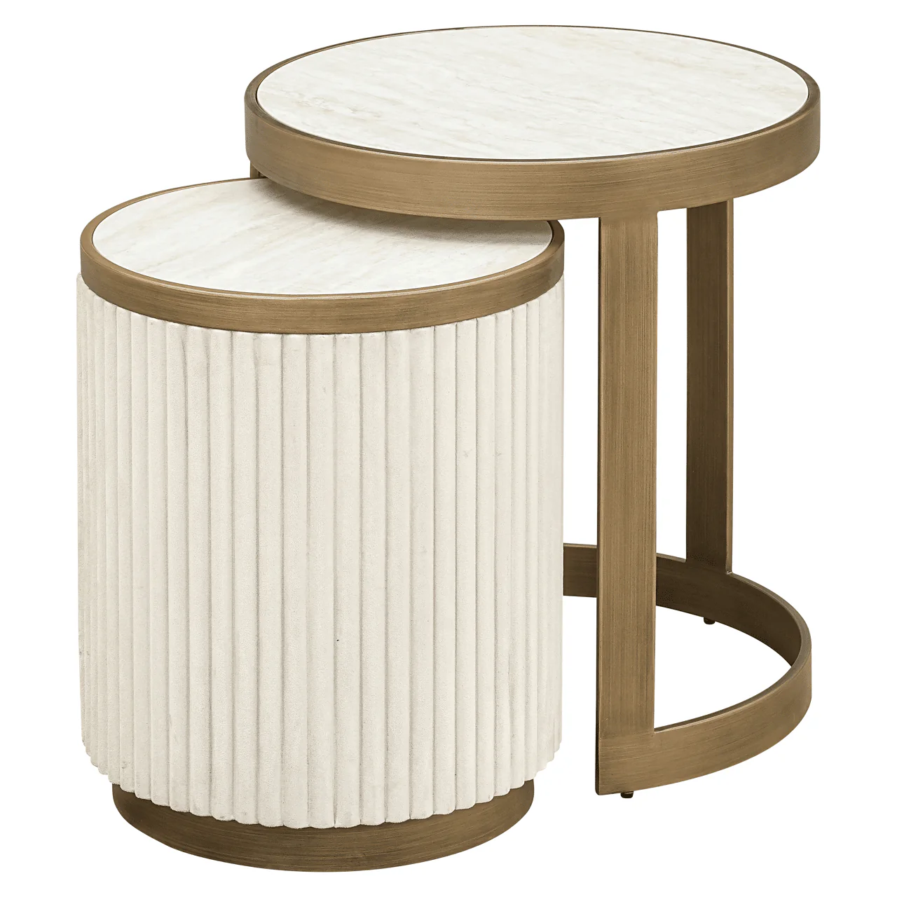 Camille Luxury Cream & Gold Ribbed Nested Side Tables with Ceramic Marble Top - Image 2