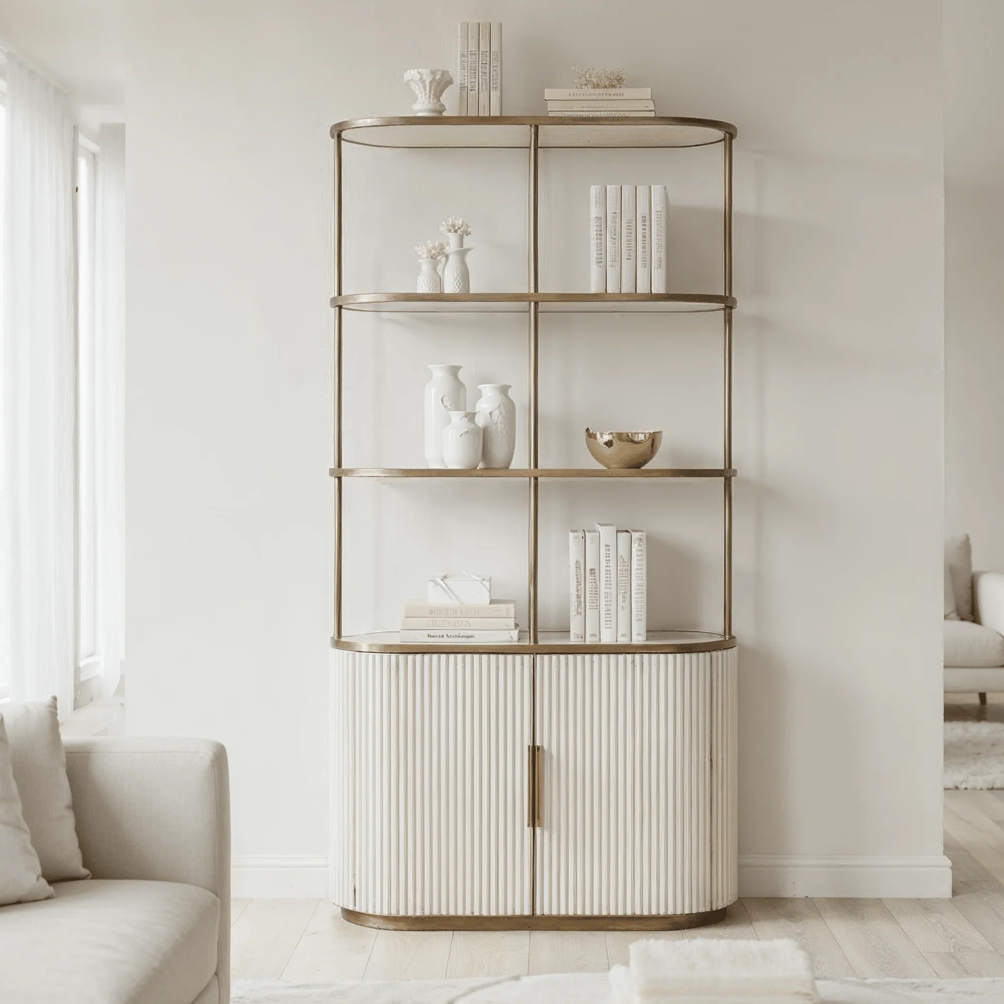 Camille Luxury Cream & Gold Ribbed Shelving Unit