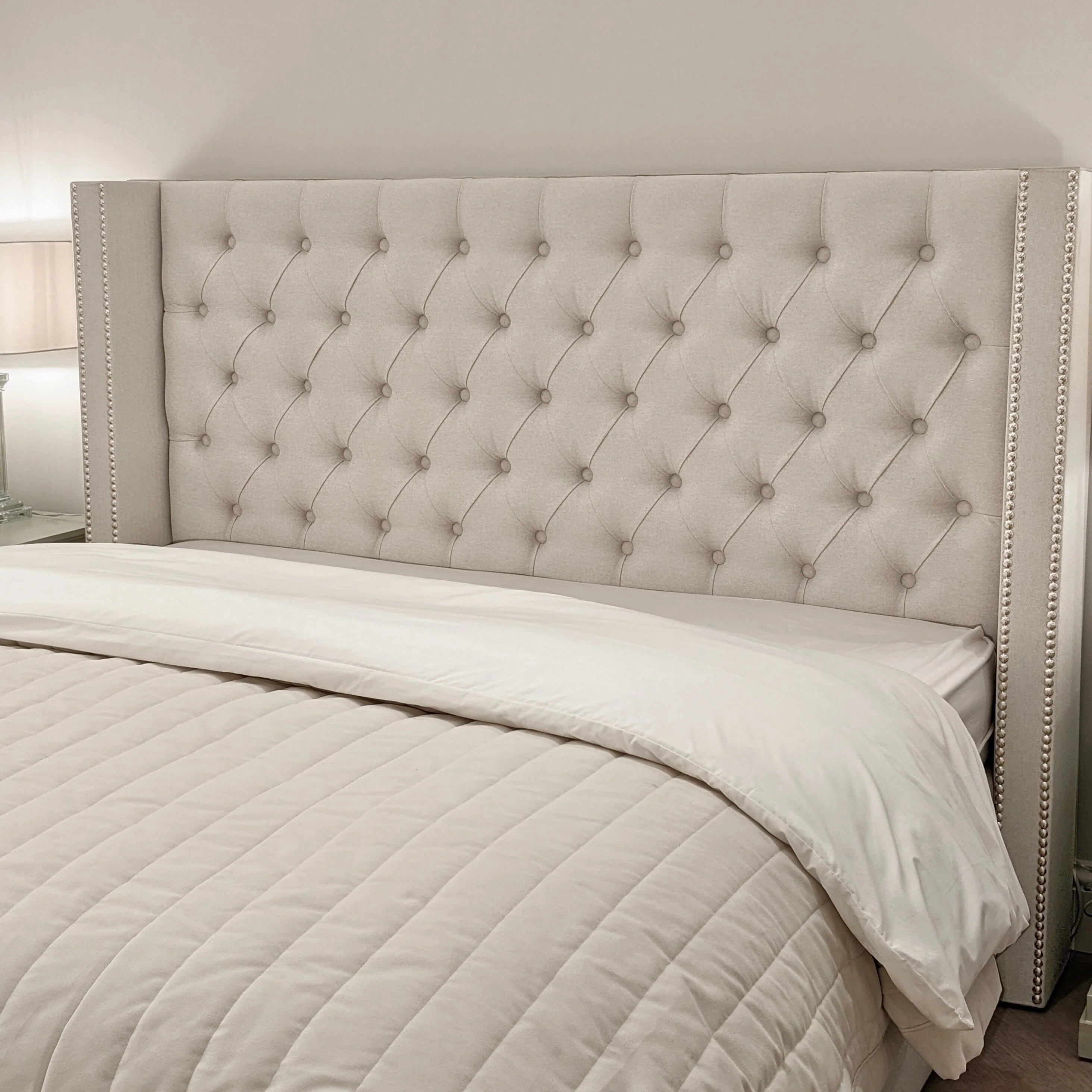 Harper Classic Luxury Grey Tweed Buttoned Silver Stud Wing Chunky Ottoman Storage Bed - Image 2