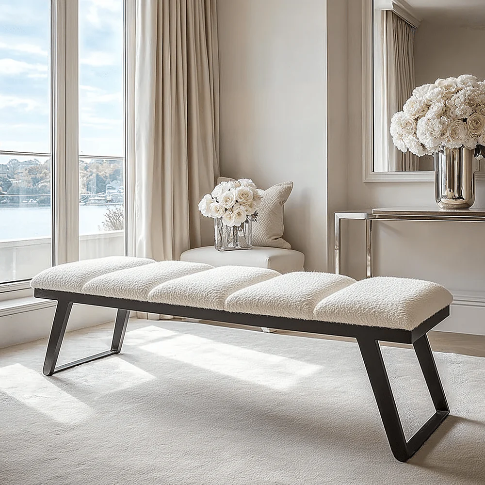 Henley Luxury Cream Boucle Channelled Bench with Black Legs