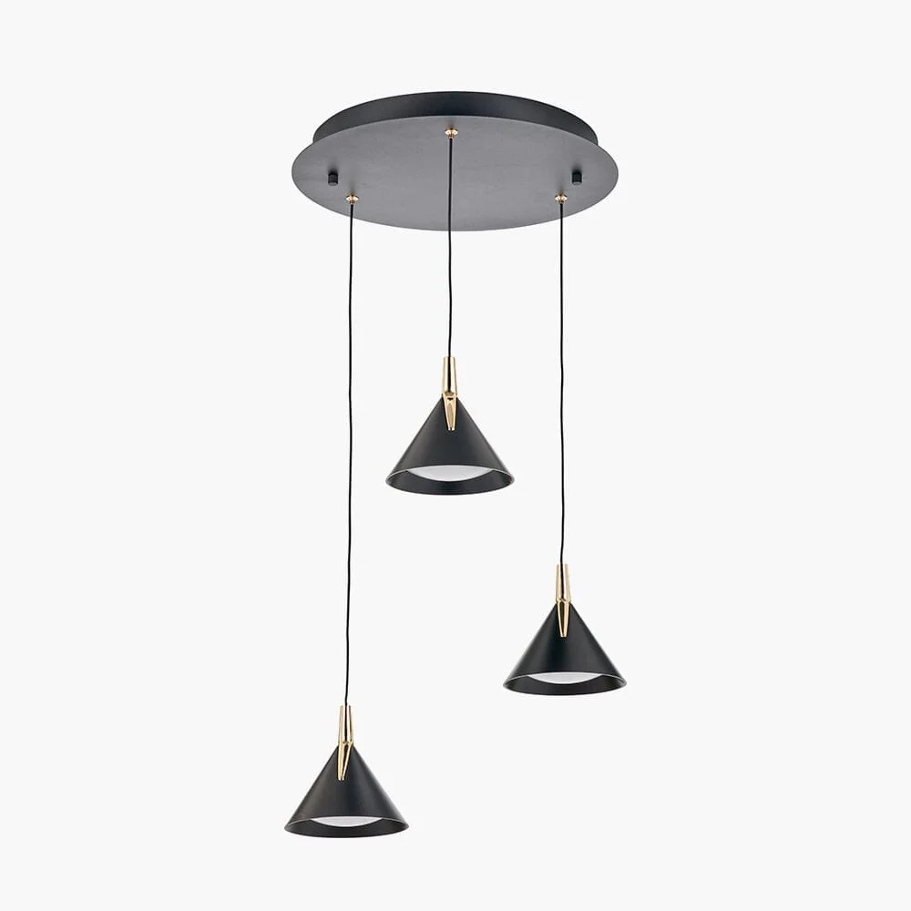 In Stock - Imogen Matt Black & Gold 3 Drop Round Pendant Ceiling Light - Image 2