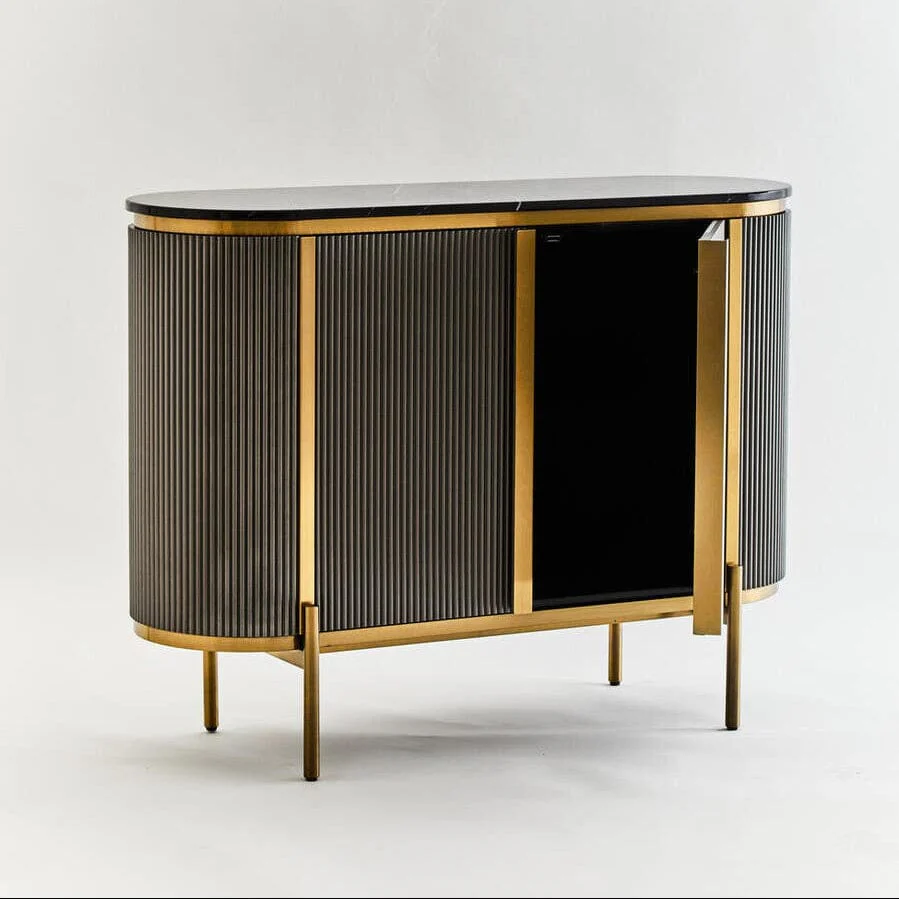 Junia Grey & Gold Ribbed 2 Door Sideboard with Black Marble Top - Image 7