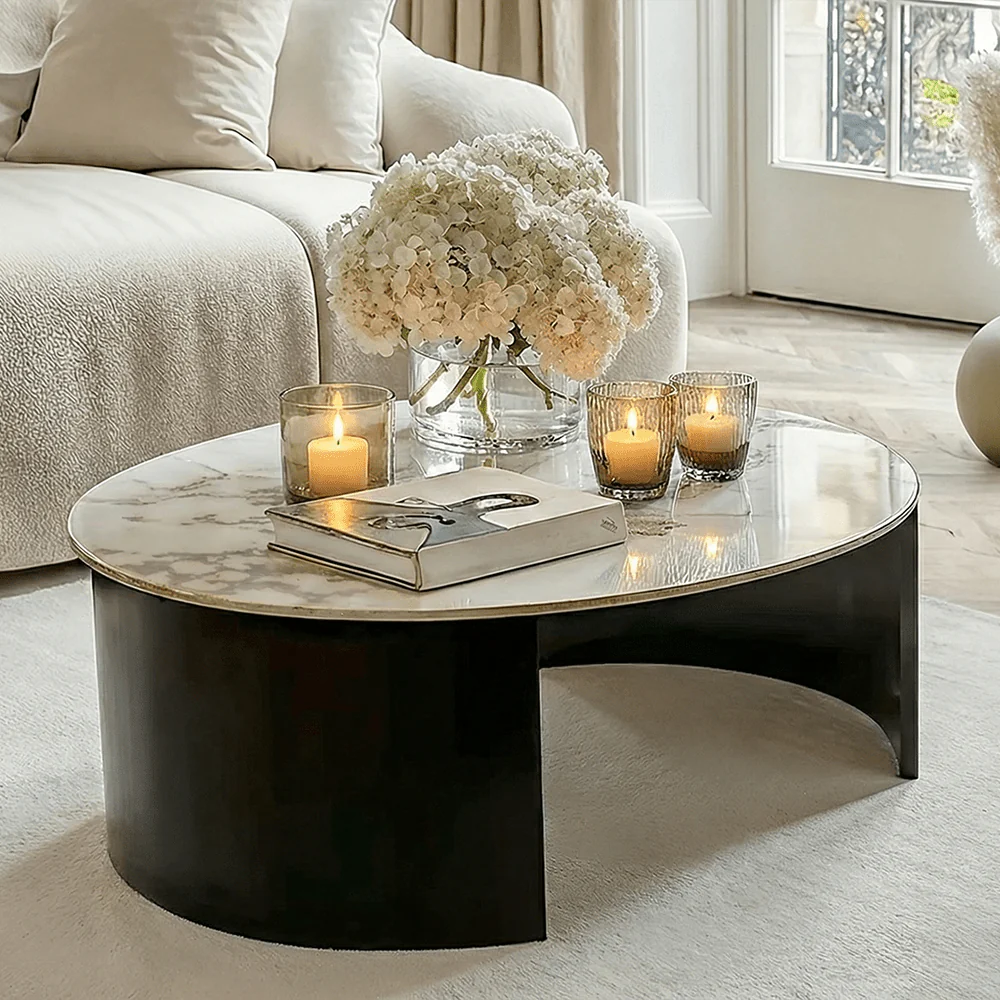 Macie Black Curved Coffee Table with Marble Top