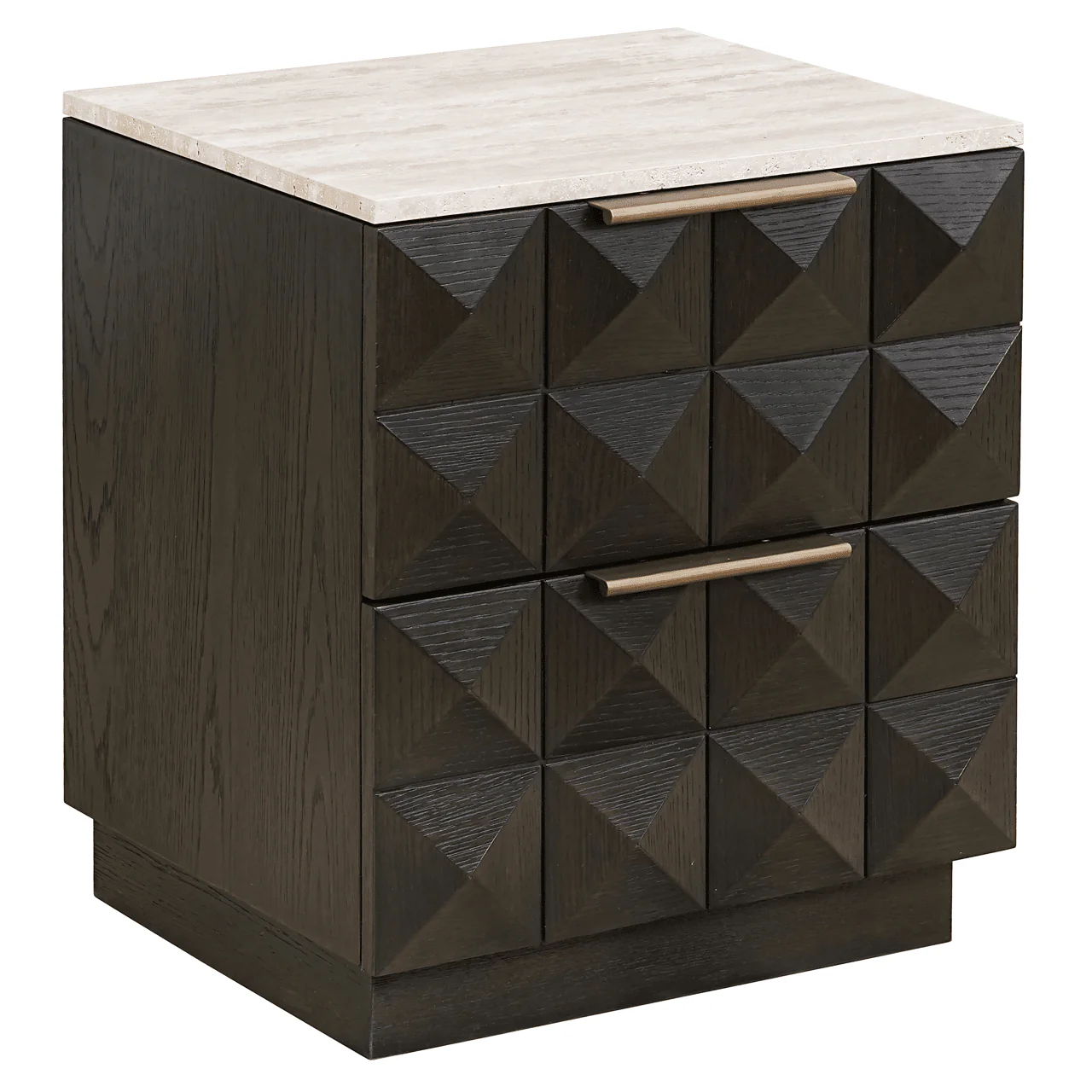 Norah Deep Brown 2 Drawer Bedside Table with Travertine Top - Image 2