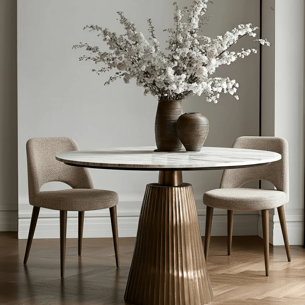 Rezina Antique Bronze Ribbed Round Dining Table with Taupe Marble Top