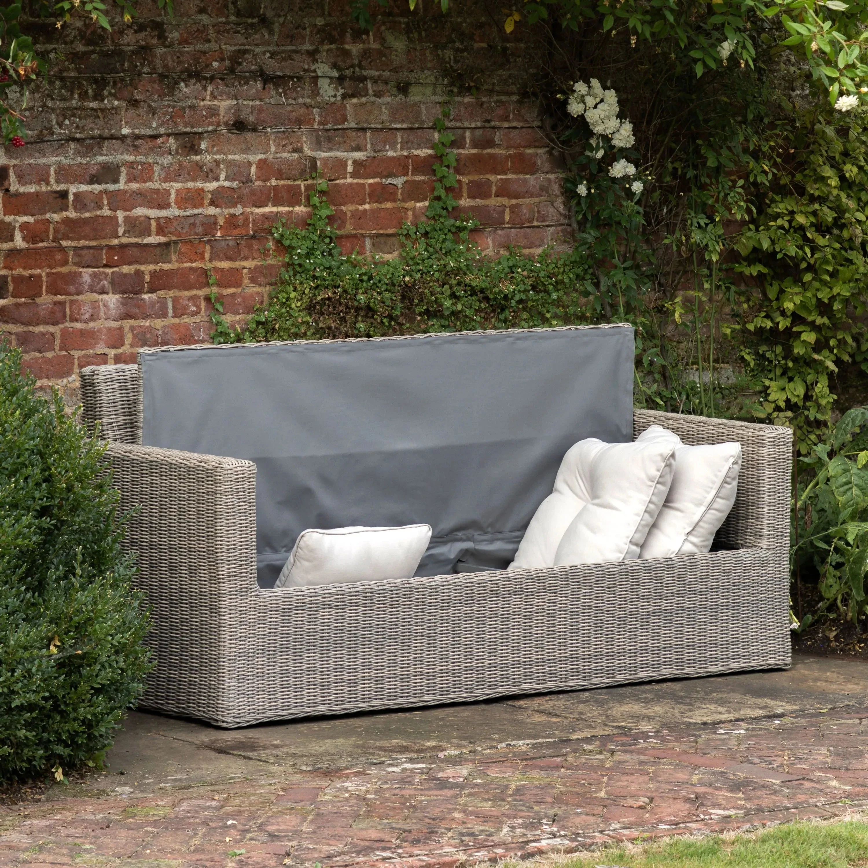 Vazzano Cream & Rattan 2 Seater Outdoor Storage Sofa - Image 4