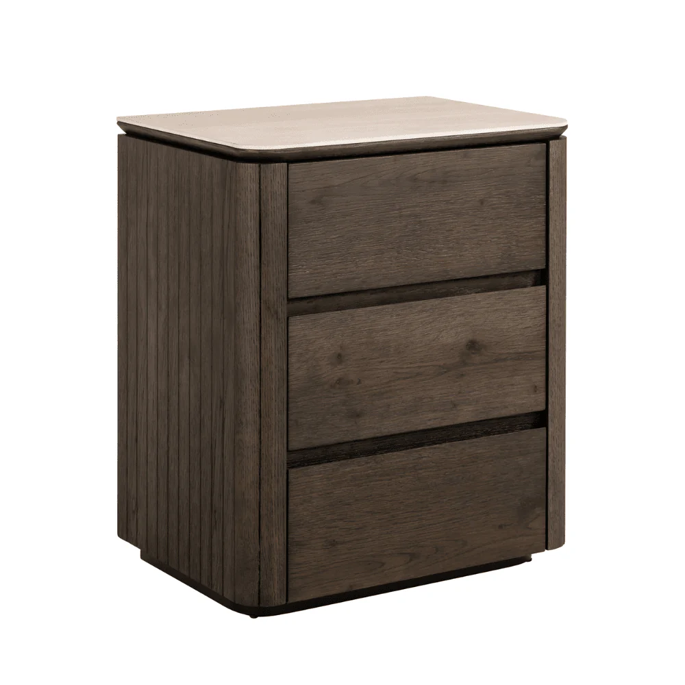 Verity Dark Brown 3 Drawer Bedside Table with Travertine Top - Image 2