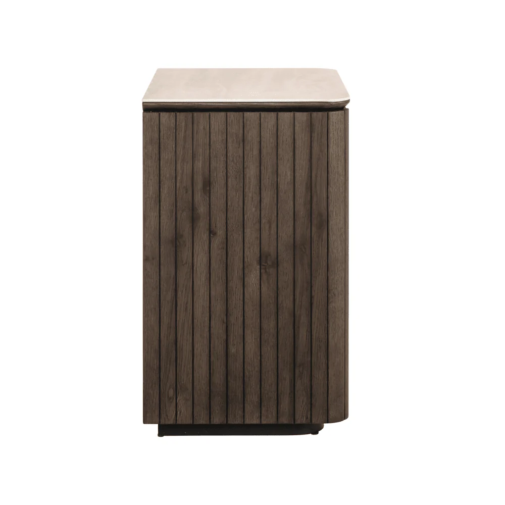 Verity Dark Brown 3 Drawer Bedside Table with Travertine Top - Image 4