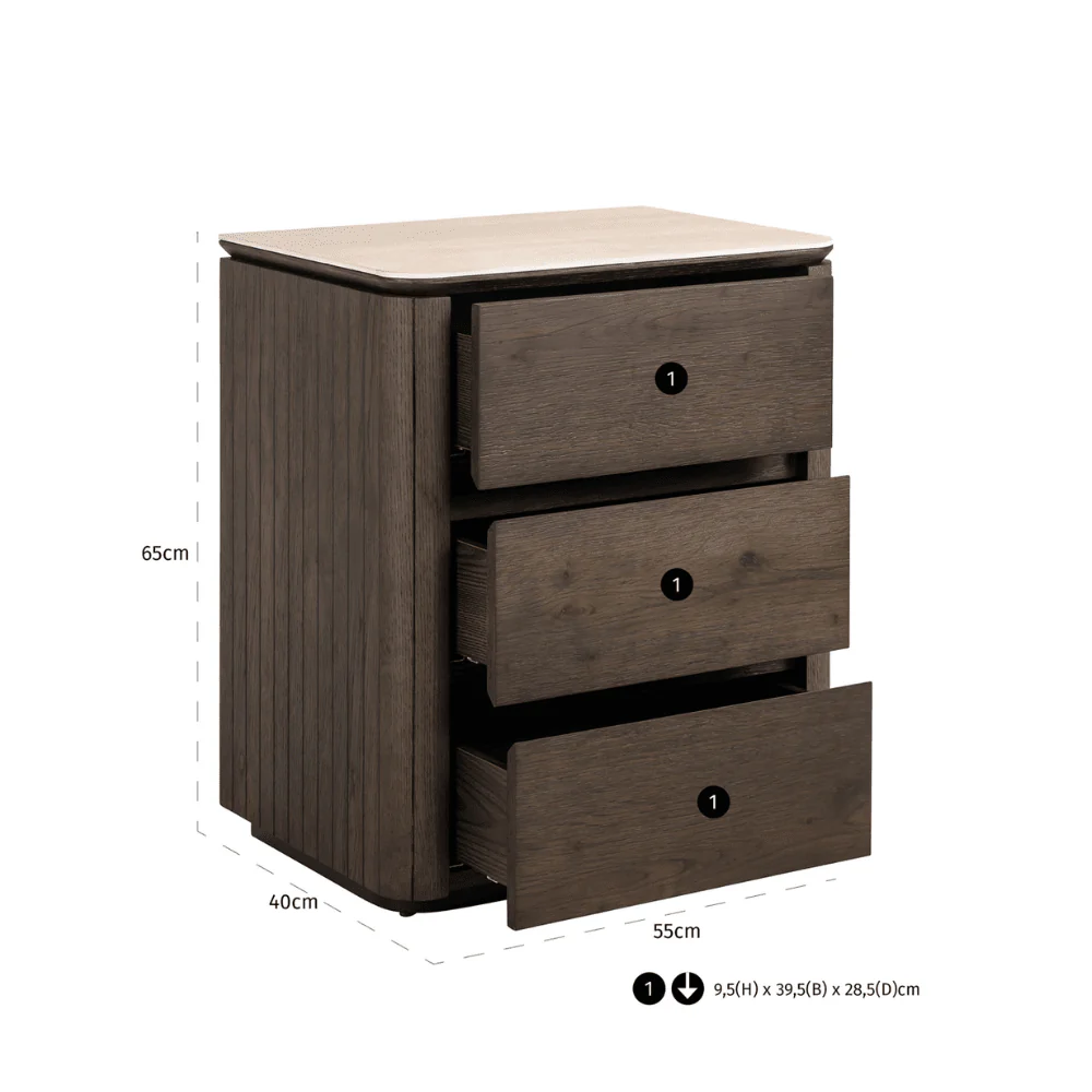 Verity Dark Brown 3 Drawer Bedside Table with Travertine Top - Image 7