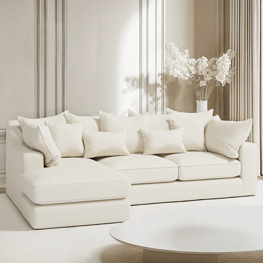 Victoria Ecru Boucle Medium Left Hand Facing Pillow Back Corner Sofa