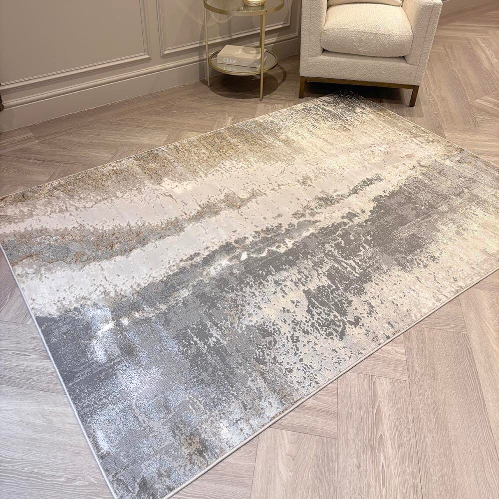 Zorina Grey, Cream & Gold Metallic Marble Velvet Rug