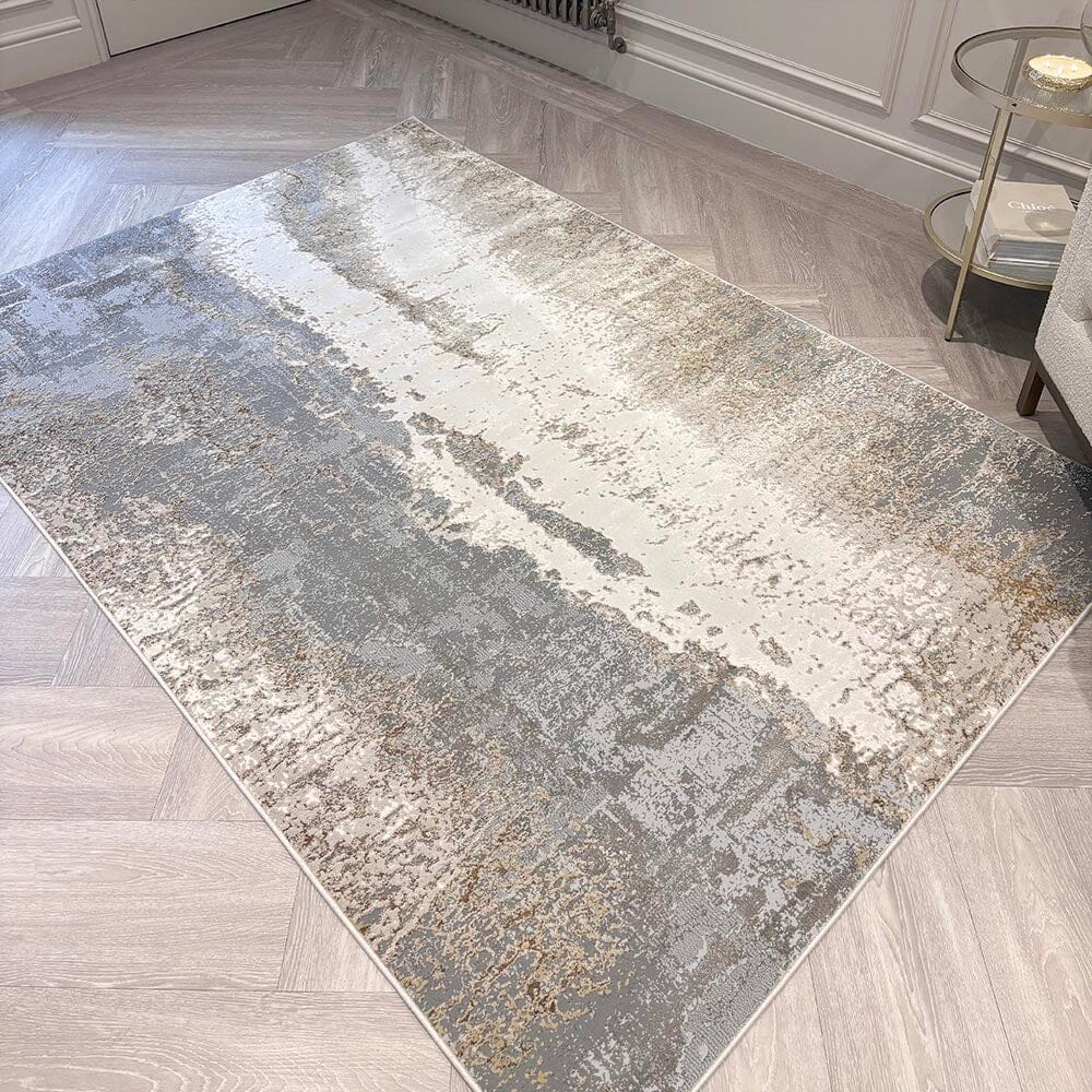 Zorina Grey, Cream & Gold Metallic Marble Velvet Rug - Image 2
